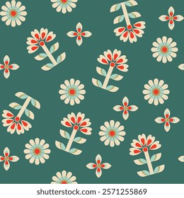 Folk floral pattern red and green motif petal geometry vintage wallpaper.