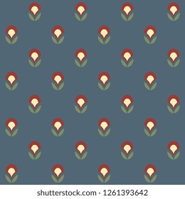 Folk floral pattern scandinavian flower motif. Simple geometric allover design on a gray blue background for interior textile, fabric cloth, wall paint, phone case. Retro colors decorative print block
