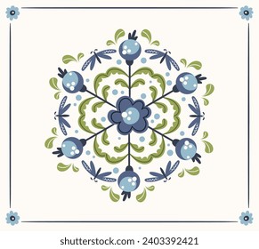 Folk floral round composition, ready to use vector print in Scandinavian style, hygge isolated design on white. Classic ethnic elements. scandi folk motif - mirror reflected flowers