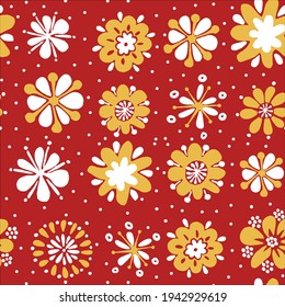 Folk floral Seamless christmas pattern  gold and white with red background.Indian, Scandinavian, folk pattern