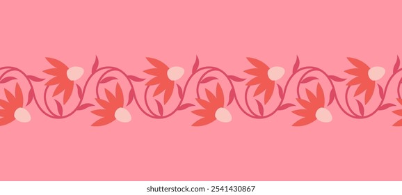 Folk floral seamless horizontal border. Traditional slavic scandinavian ornament with rustic embroidery motifs. Clean flat minimal geometric shapes in unique reflected elegant print.