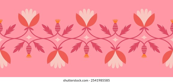 Folk floral seamless horizontal border. Traditional slavic scandinavian ornament with rustic embroidery motifs. Clean flat minimal geometric shapes in unique reflected elegant print.