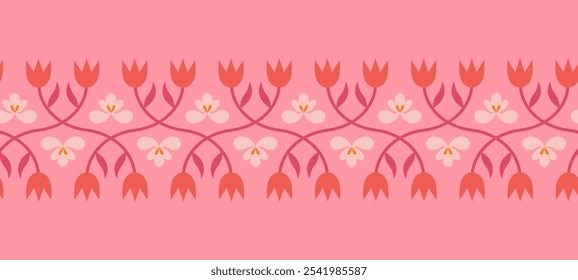 Folk floral seamless horizontal border. Traditional slavic scandinavian ornament with rustic embroidery motifs. Clean flat minimal geometric shapes in unique reflected elegant print.