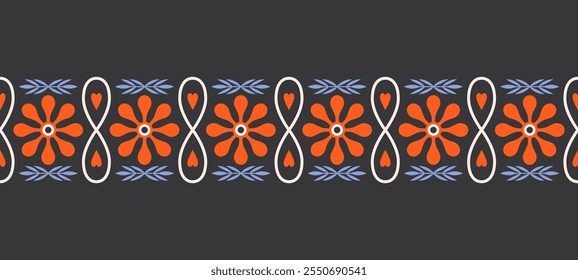 Folk floral seamless horizontal border. Traditional slavic scandinavian ornament with rustic embroidery motifs. Clean flat minimal geometric shapes in unique reflected elegant print.