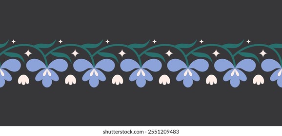 Folk floral seamless horizontal border. Traditional slavic scandinavian ornament with rustic embroidery motifs. Clean flat minimal geometric shapes in unique reflected elegant print.