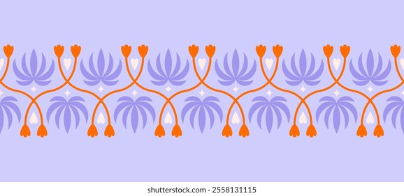 Folk floral seamless horizontal border. Traditional slavic scandinavian ornament with rustic embroidery motifs. Clean flat minimal geometric shapes in unique reflected elegant print.