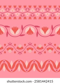 Folk floral seamless horizontal border collection. Set of traditional slavic scandinavian ornaments with rustic embroidery motifs. Clean flat minimal geometric shapes in unique elegant print.