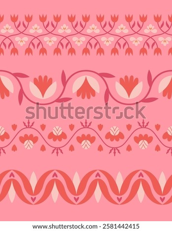 Folk floral seamless horizontal border collection. Set of traditional slavic scandinavian ornaments with rustic embroidery motifs. Clean flat minimal geometric shapes in unique elegant print.