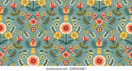 Folk floral seamless pattern with birds. Modern abstract design for paper, cover, fabric, pacing and other use