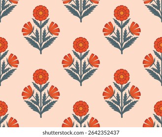 Folk Floral Seamless Pattern.  Floral block print vector flower Pattern.