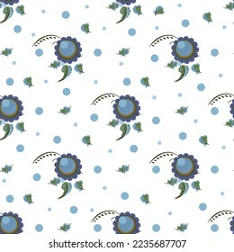 Folk floral seamless pattern. Blue ethnic flowers on white background. Slavic naive botanical design for textile and home decor