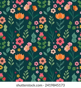 Folk floral seamless pattern. Cute romantic wildflowers pattern on green background. Spring flowers pattern. Ditsy floral print