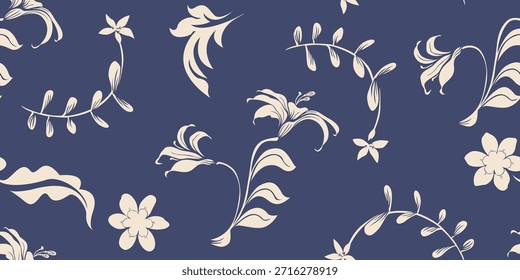 Folk floral seamless pattern design. Hand drawn botanical silhouette motifs decorative flower wallpaper.