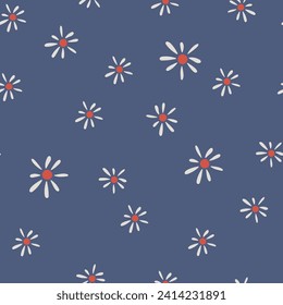 Folk floral seamless pattern - flowers on dark blue background, scandinavian nordic style, botanical repeating motives endless ornament for wrapping, textile, digital and scrapbook paper
