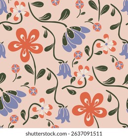 Folk floral seamless pattern, Hand drawn stylized flower design for textile, digital paper
