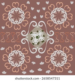 Folk floral seamless pattern with heart elements and swirls. Ideal for wrapping paper, holiday greeting cards, or seasonal decor.