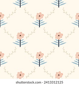 Nahtlose Folkloremuster - Blätter und Blumen im skandinavischen nordischen Stil, ethnisch-botanische, sich wiederholende Motive auf beigem Hintergrund zum Einwickeln, Textil-, Digital- oder Scrapbook-Papier