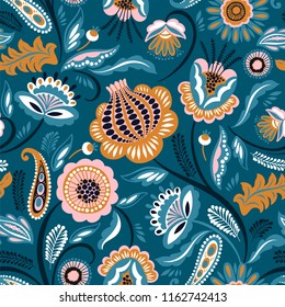 Folk floral seamless pattern. Modern abstract design for,paper, cover, fabric and other users