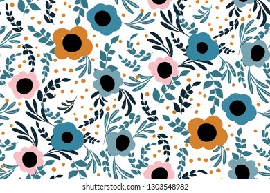 Folk floral seamless pattern. Modern abstract design for,paper, cover, fabric and other users. Drawing fabulous flowers on a white background. Elegant print.