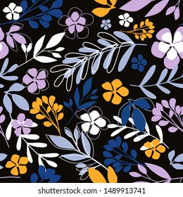 Folk floral seamless pattern. Modern abstract little flowers and leaves endless wallpaper. Botanical background. Trendy fabric design, graphic art, wrapping paper. Vector illustration