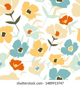 Folk floral seamless pattern on white background. Modern abstract little flowers and leaves endless wallpaper. Botanical background. Trendy fabric design, wrapping paper. Vector illustration