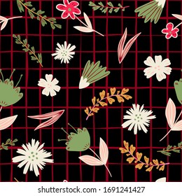 Folk floral seamless pattern on stripes background. Modern cute forest little flowers and leaves wallpaper. Design for book covers, graphic art, wrapping paper, fabric, textile. Vector illustration