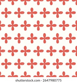 Folk floral seamless pattern with red textured flowers, hand-drawn vector on cream background. Traditional rustic style. Ideal for fabric, wrapping paper, crafts, branding, digital and print projects.