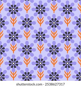 Folk floral seamless pattern. Traditional slavic scandinavian ornament with rustic embroidery motifs. Clean flat minimal geometric shapes in unique reflected elegant print.