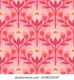 Folk floral seamless pattern. Traditional slavic scandinavian ornament with rustic embroidery motifs. Clean flat minimal geometric shapes in unique reflected elegant print.