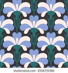 Folk floral seamless pattern. Traditional slavic scandinavian ornament with rustic embroidery motifs. Clean flat minimal geometric shapes in unique reflected elegant print.