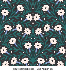 Folk floral seamless pattern. Traditional slavic scandinavian ornament with rustic embroidery motifs. Clean flat minimal geometric shapes in unique reflected elegant print.