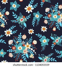 Folk floral seamless pattern in trendy modern style with different colorful flowers, branches and berries on a dark background. Perfect for textile, background, paper.