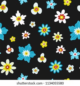 Folk floral seamless pattern in trendy modern style. Colorful wildflowers, chamomiles isolated on a dark background. Perfect for textile, background, paper.