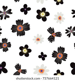 Folk floral seamless pattern, trendy modern style design. Wildflowers, poppy, chamomiles isolated on background. Design for textile, background, paper, cloth. 
