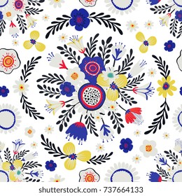 Folk floral seamless pattern, trendy modern style design. Wildflowers, poppy, chamomiles isolated on background. Design for textile, background, paper, cloth. 