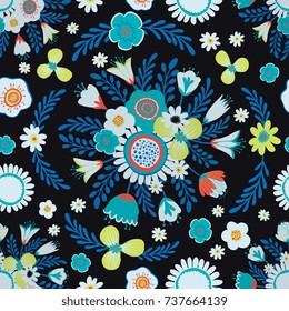 Folk floral seamless pattern, trendy modern style design. Wildflowers, poppy, chamomiles isolated on background. Design for textile, background, paper, cloth. 