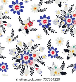 Folk floral seamless pattern, trendy modern style design. Wildflowers, poppy, chamomiles isolated on background. Design for textile, background, paper, cloth. 