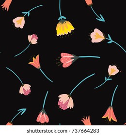 Folk floral seamless pattern, trendy modern style design. Wildflowers, poppy, chamomiles isolated on background. Design for textile, background, paper, cloth. 