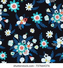 Folk floral seamless pattern, trendy modern style design. Wildflowers, poppy, chamomiles isolated on background. Design for textile, background, paper, cloth. 
