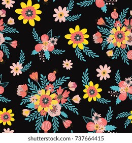 Folk floral seamless pattern, trendy modern style design. Wildflowers, poppy, chamomiles isolated on background. Design for textile, background, paper, cloth. 