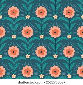 Folk floral seamless pattern in turquoise colors. Traditional flower fabric design in Indian style. Damask pattern with decorative flowers . Vector botanical seamless print.