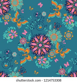 Folk floral seamless pattern. Floral wallpaper. Decorative ornament for fabric, textile, wrapping paper.