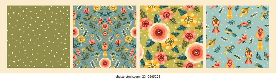 Folk floral seamless patterns with birds. Modern abstract design for paper, cover, fabric, pacing and other use