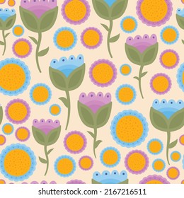 Folk floral seamless vector pattern. Bright, pastel purple and blue  abstract flowers. Modern, Swedish style flower design, with cute, happy, colorful elements. Playful, repeat print for textiles. 