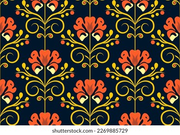 Folk floral seamless vector pattern in dark autumn tones.