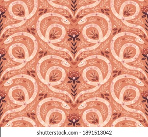 Folk floral snake symmetrical heart seamless vector pattern Boho ornate ethnic reptile illustration in earthy warm palette design for bohemian textile fabric decor print