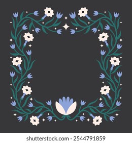 Folk floral square frame. Traditional slavic scandinavian ornament with rustic embroidery motifs. Clean flat minimal geometric shapes in unique reflected elegant print.