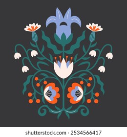 Folk floral symmetrical arrangement. Traditional slavic scandinavian ornament with rustic embroidery motifs. Clean flat minimal geometric shapes in unique reflected elegant print.