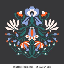 Folk floral symmetrical arrangement. Traditional slavic scandinavian ornament with rustic embroidery motifs. Clean flat minimal geometric shapes in unique reflected elegant print.