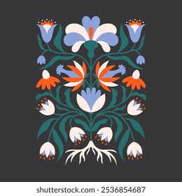 Folk floral symmetrical arrangement. Traditional slavic scandinavian ornament with rustic embroidery motifs. Clean flat minimal geometric shapes in unique reflected elegant print.